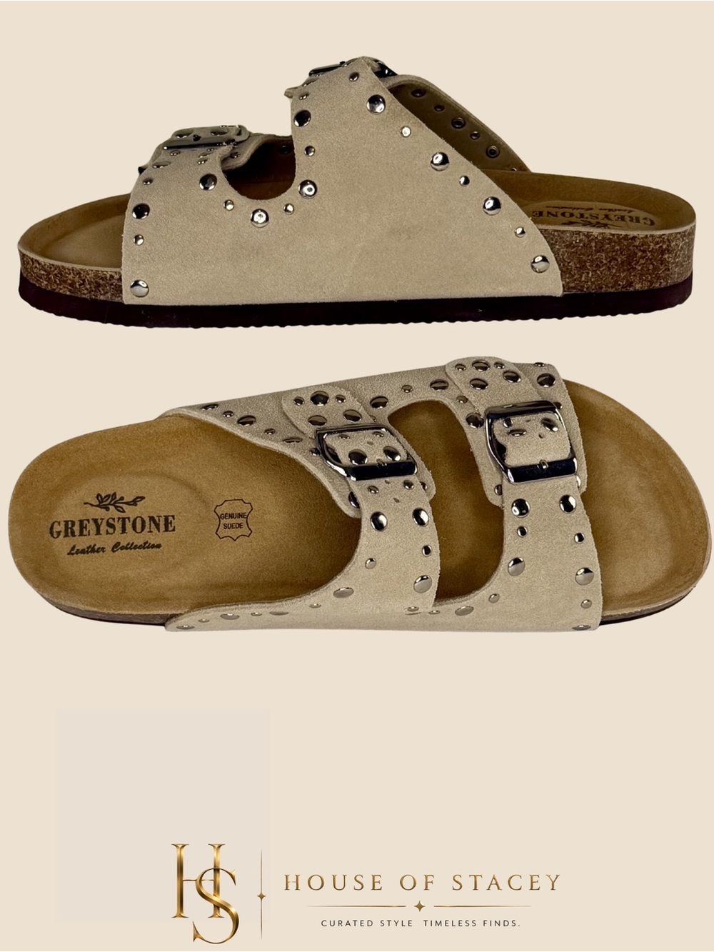 Greystone Genuine Suede Studded Double Buckle Slide Sandals - Picture 5 of 11